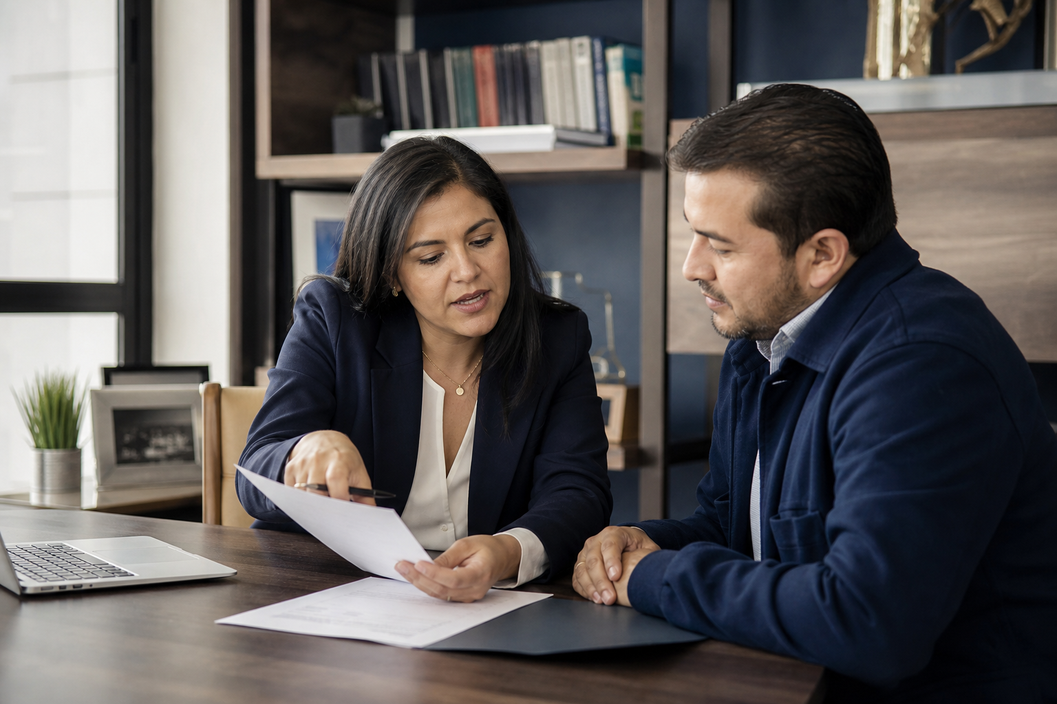 Abogada asesorando a un empresario durante la revisión de un contrato